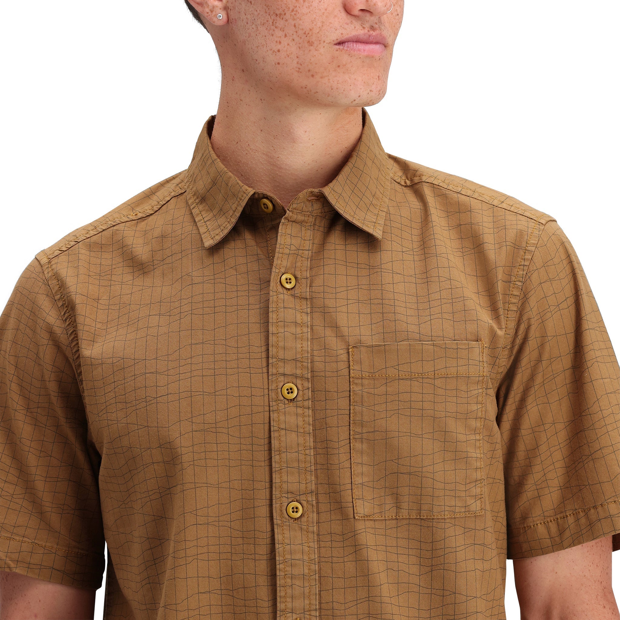 Detail shot of Topo Designs Dirt Desert Shirt Ss - Men's  in "Dark Khaki Terrain"