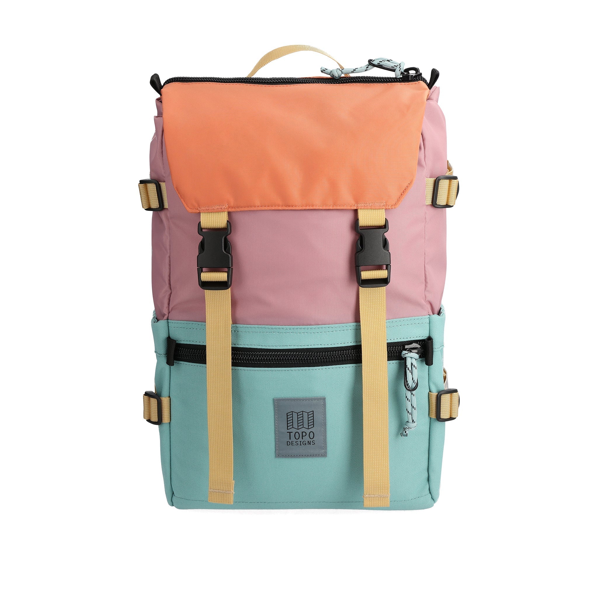 Front View of Topo Designs Rover Pack Classic in "Rose / Geode Green"