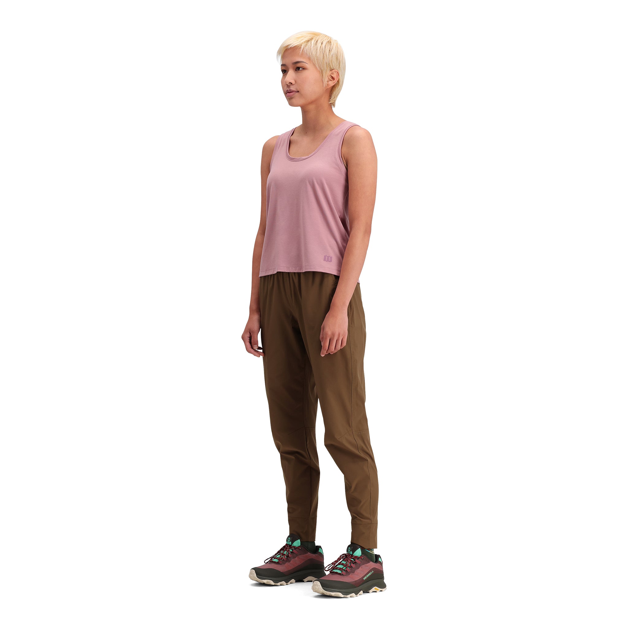 General side model shot of Topo Designs Global Flip Reverse Tek Tank - Women's in "Rose"