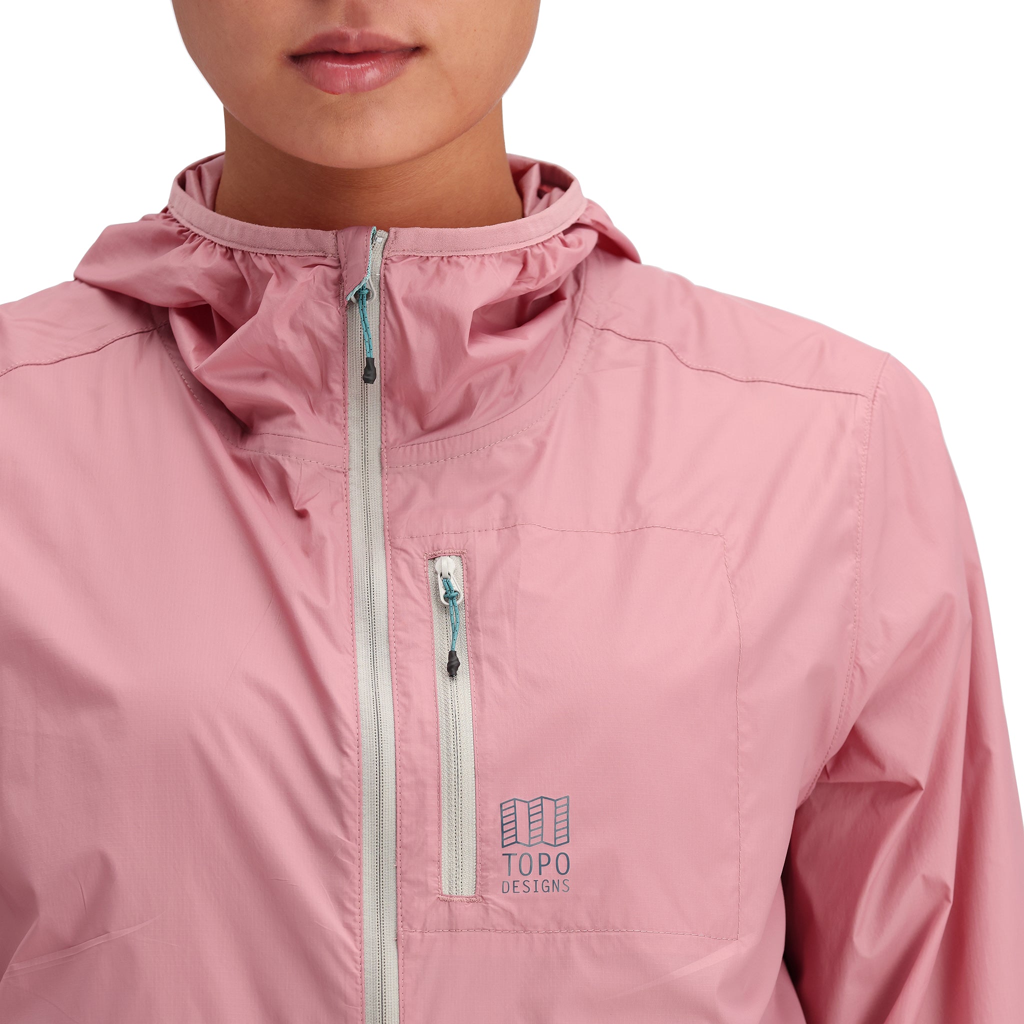 Detail shot of Topo Designs Global Ultralight Packable Jacket - Women's in "Rose"