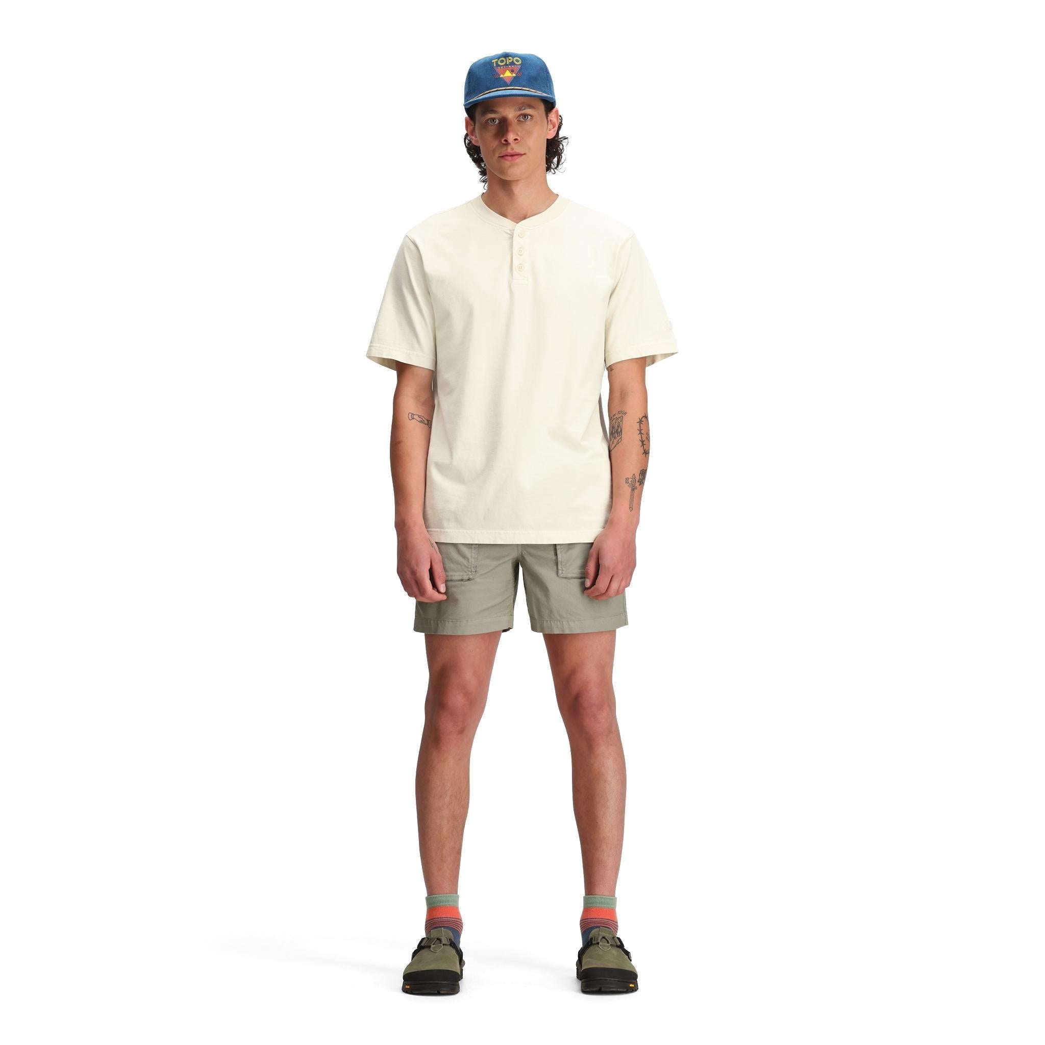 Front model shot of Topo Designs Dirt Desert Shorts - Men's in "Dried Sage"