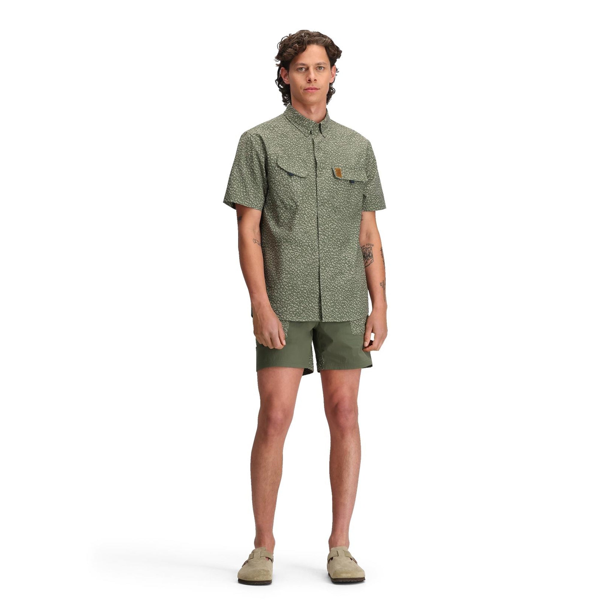 General front model shot of Topo Designs Retro River Shorts - Men's in "Beetle / Crackle"