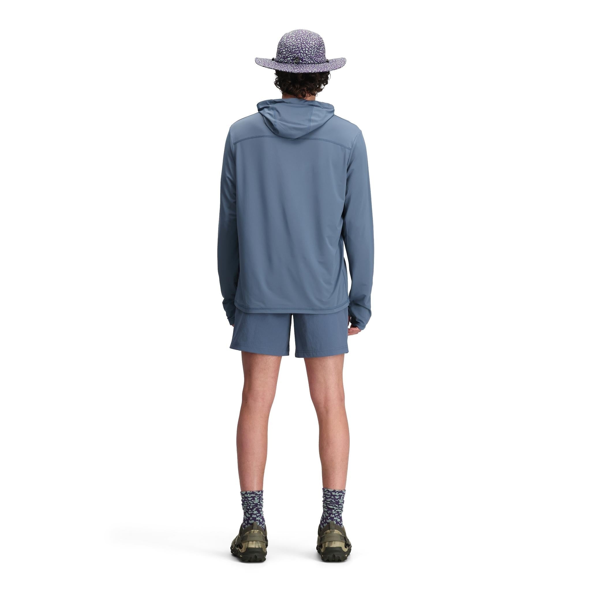 General back model shot of Topo Designs Sun Hoodie - Men's in "Stone Blue"