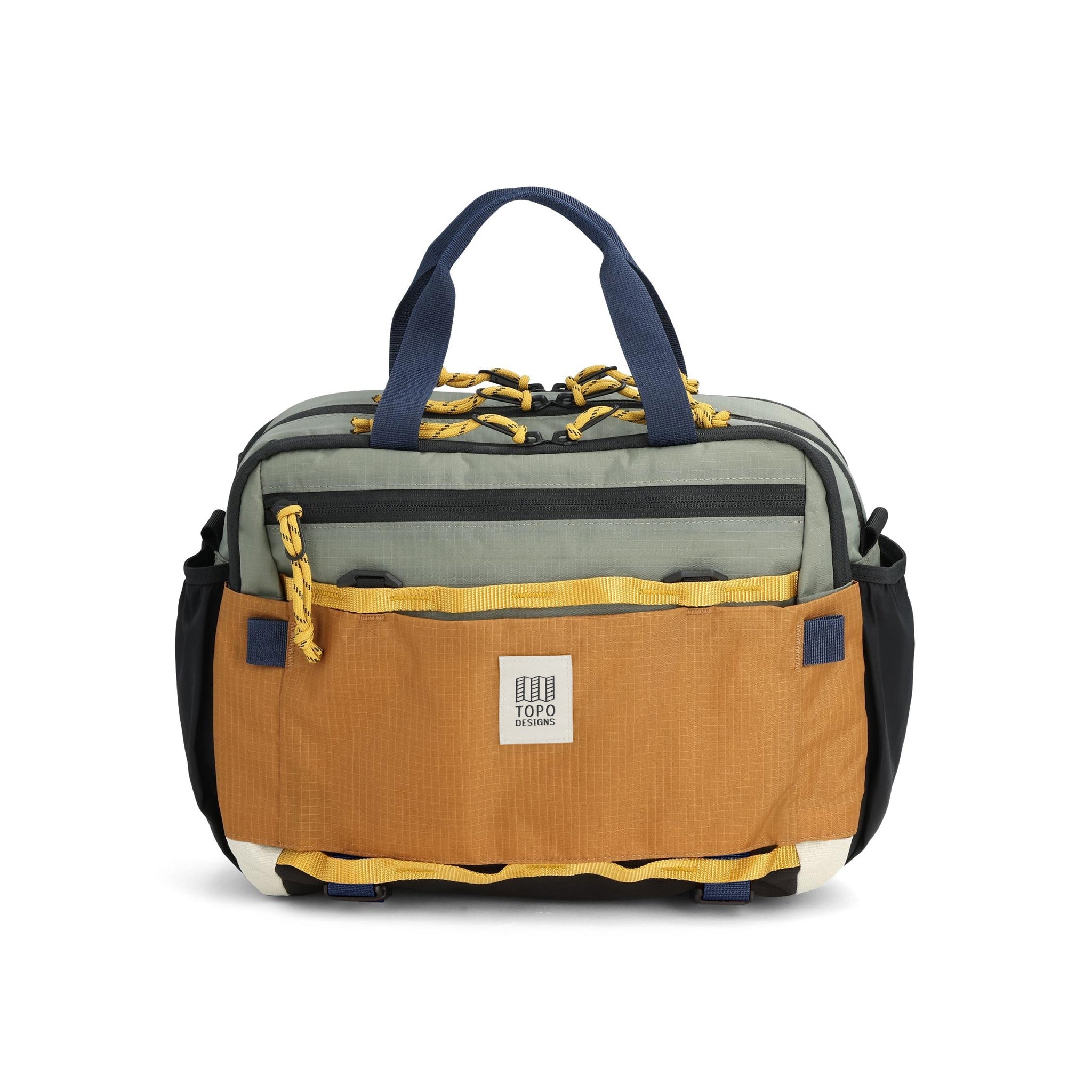 Front View of Topo Designs Mountain Cross Bag in "Beetle / Khaki"