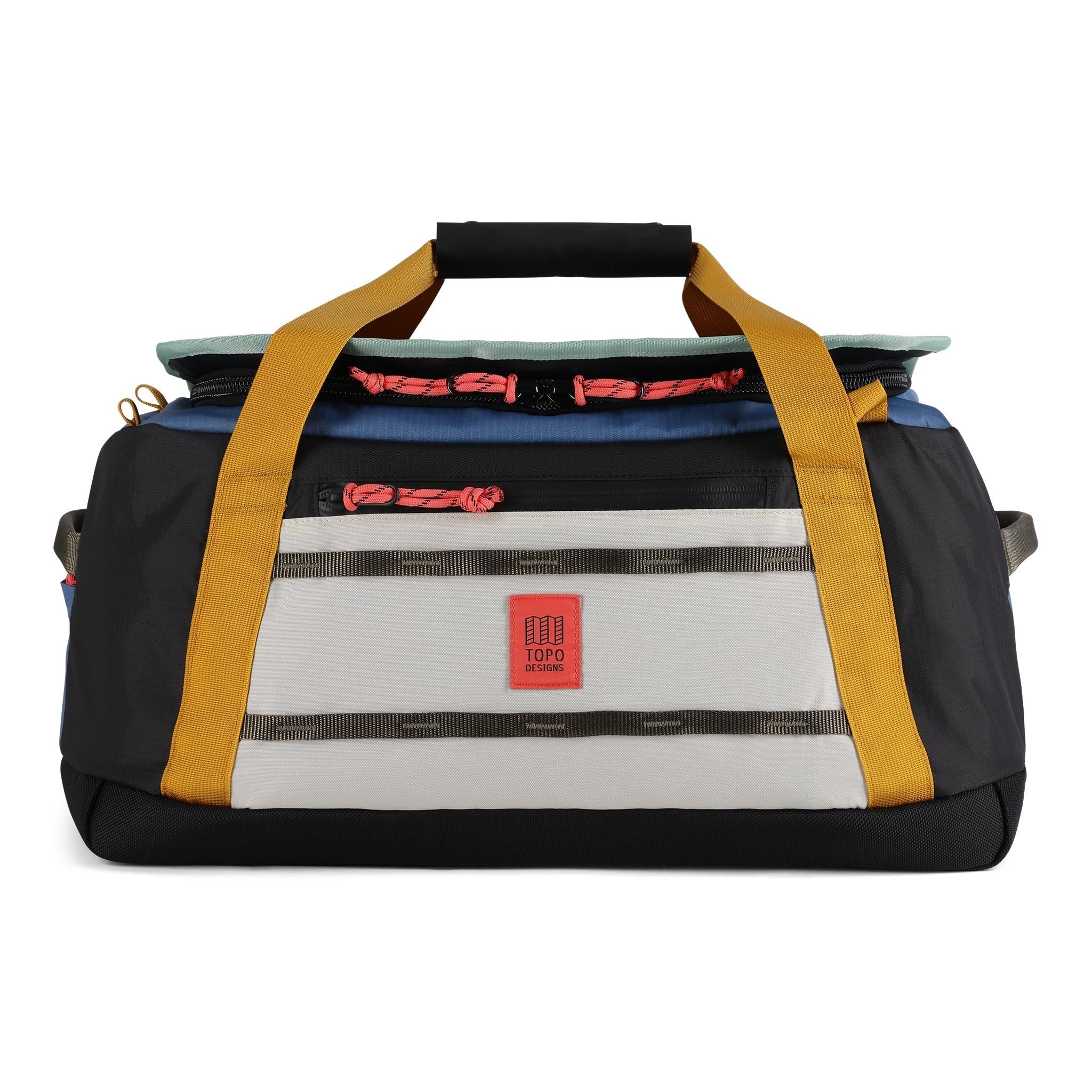 Front View of Topo Designs Mountain Duffel 40L in "Stone Blue / Bone White"