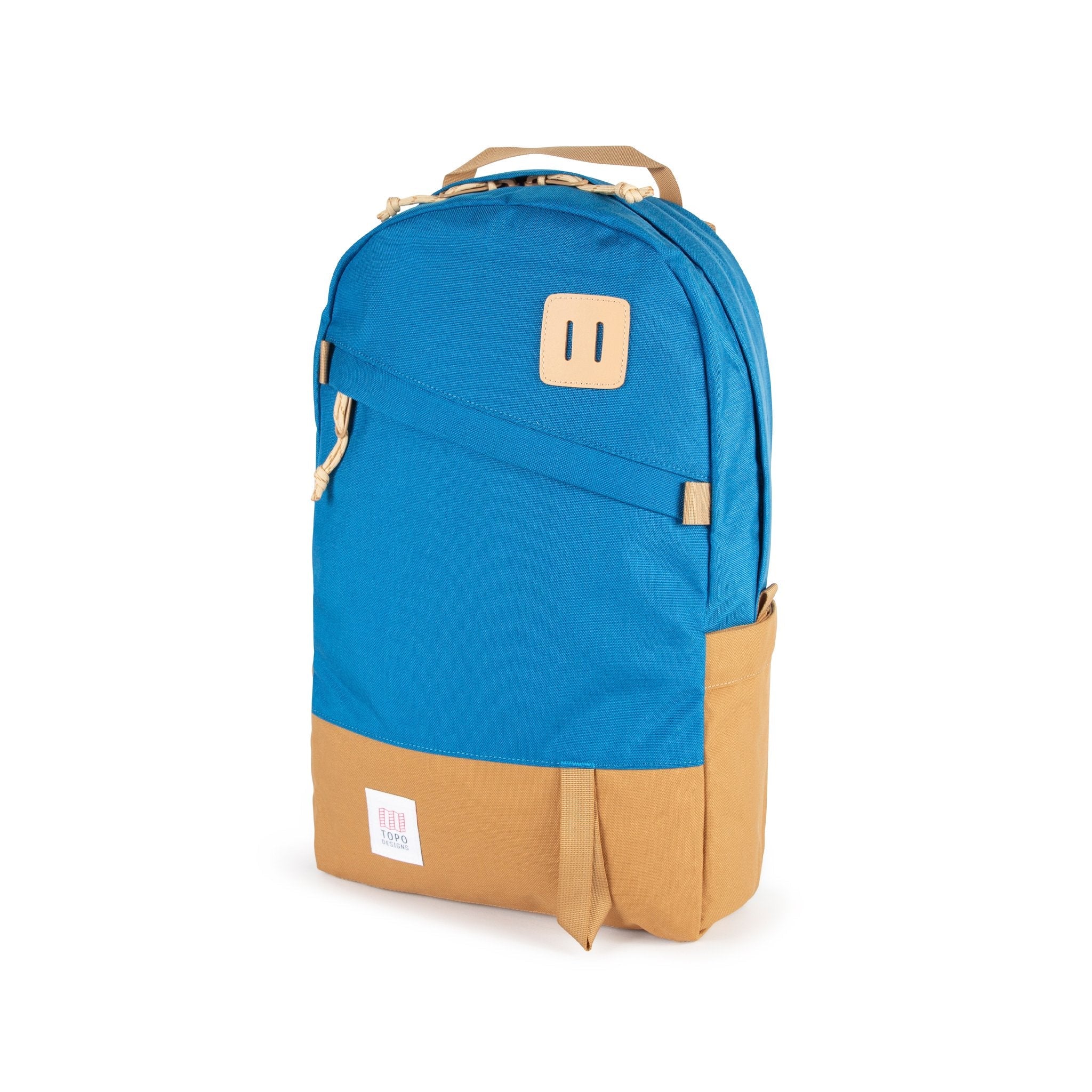 Topo Designs Daypack Classic 100% recycled nylon laptop backpack for work or school in Blue/Khaki brown.