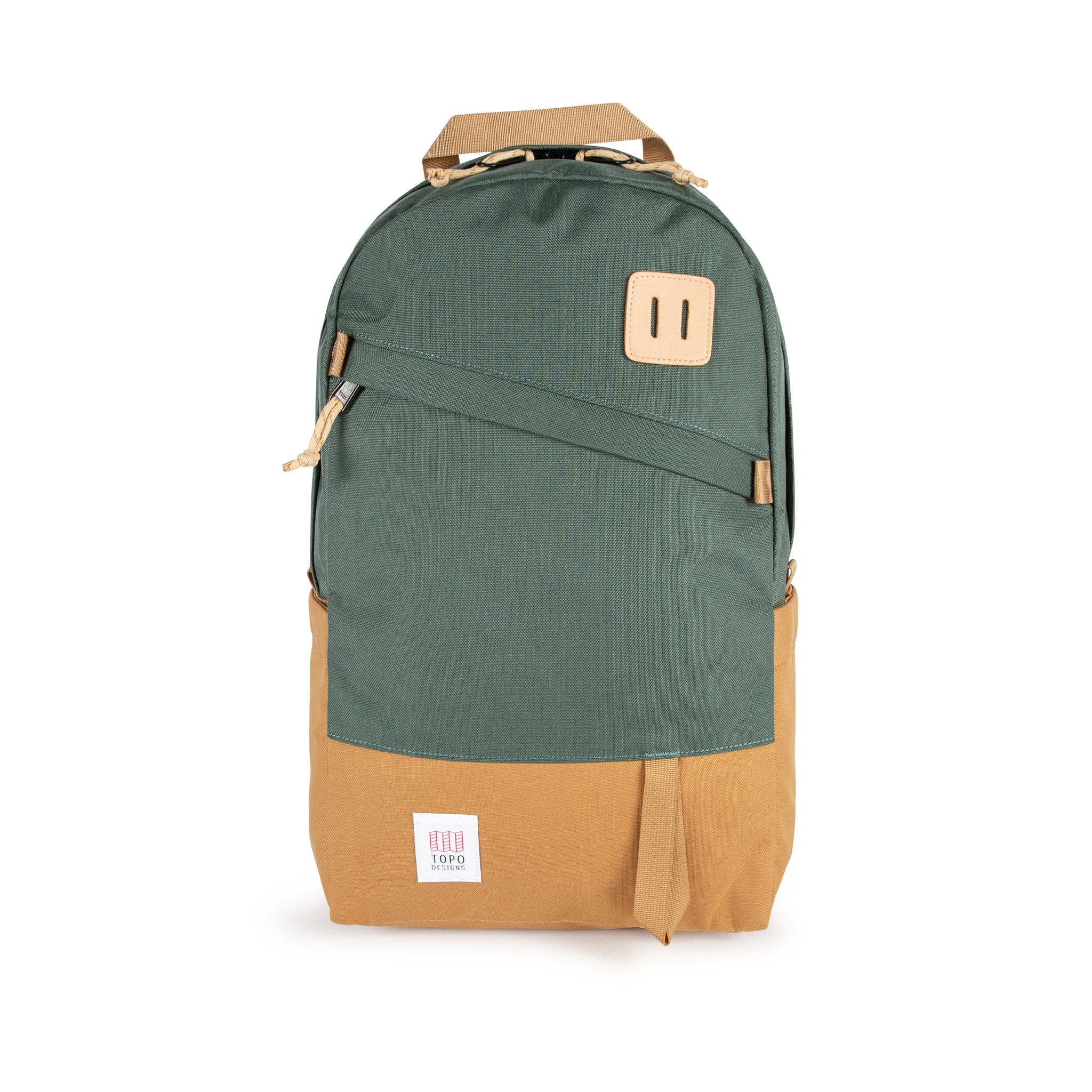 Topo Designs Daypack Classic 100% recycled nylon laptop backpack for work or school in forest green/khaki brown