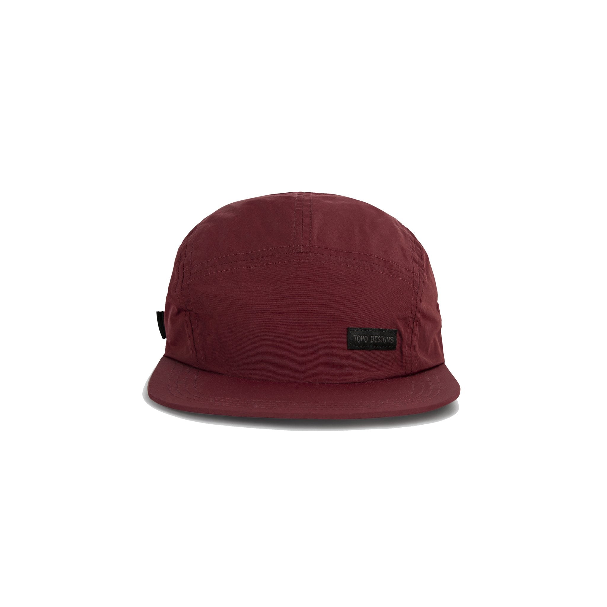 Topo Designs Nylon Camp 5-panel flat brim Hat in Maroon red.