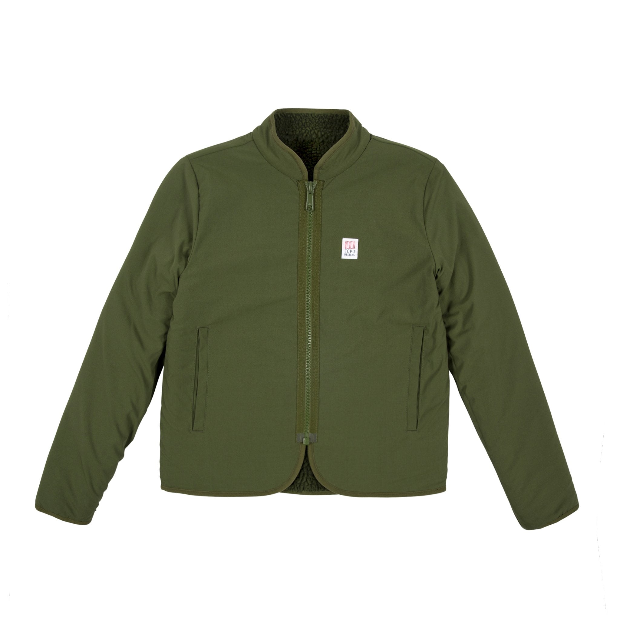 Front product shot of the Topo Designs Women's sherpa jacket in "olive" green showing the DWR tech fabric..