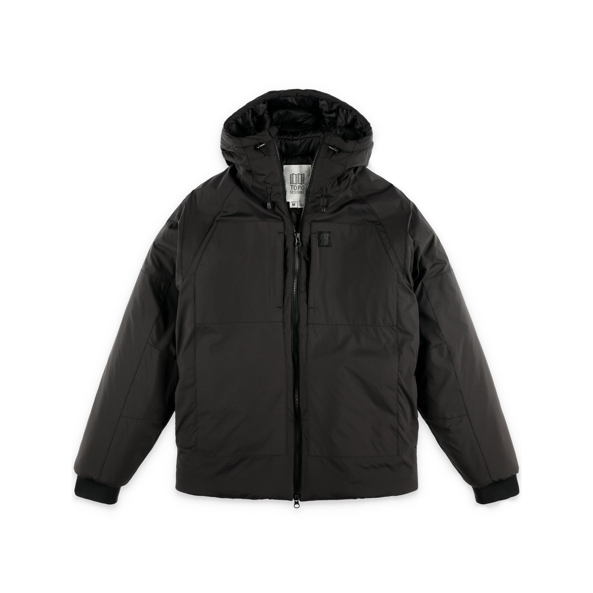 Topo Designs Mountain Puffer Primaloft insulated Hoodie jacket in "Black".