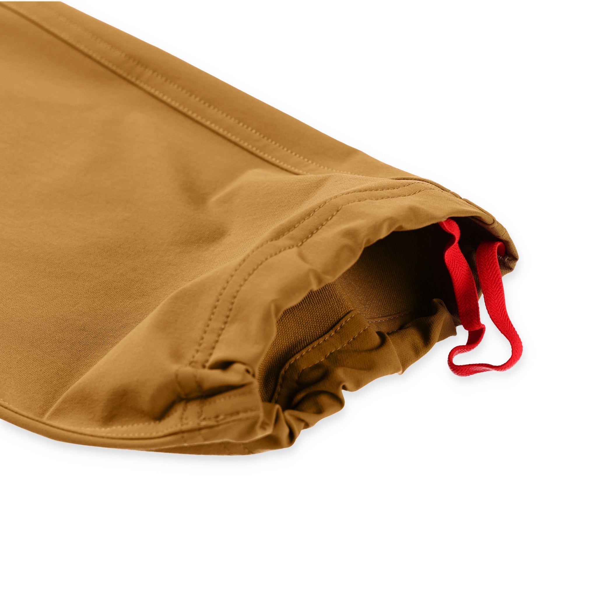 Detail shot of drawcord cinch on pant leg cuff of Topo Designs Men's Boulder lightweight climbing & hiking pants in "dark khaki" brown