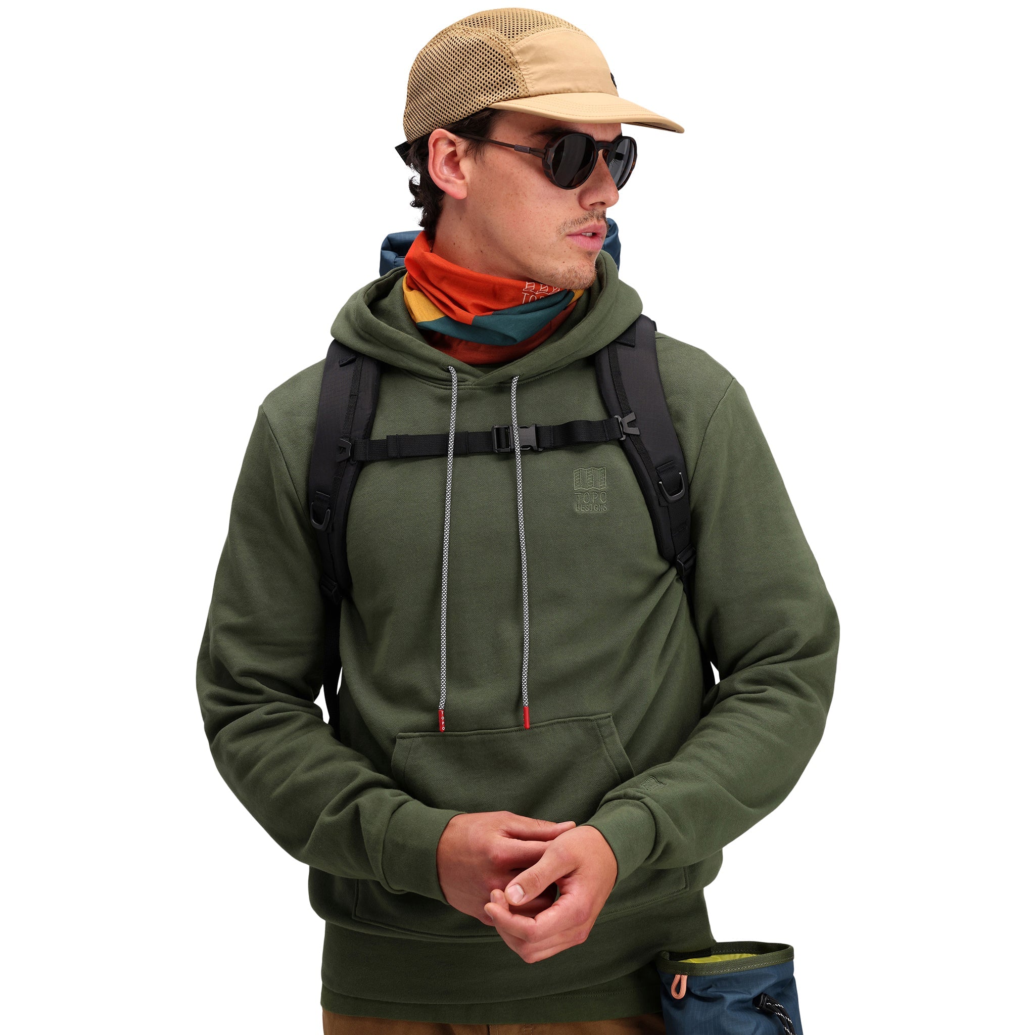 Front model shot of Topo Designs Men's Dirt Hoodie 100% organic cotton French terry sweatshirt in "olive" green.