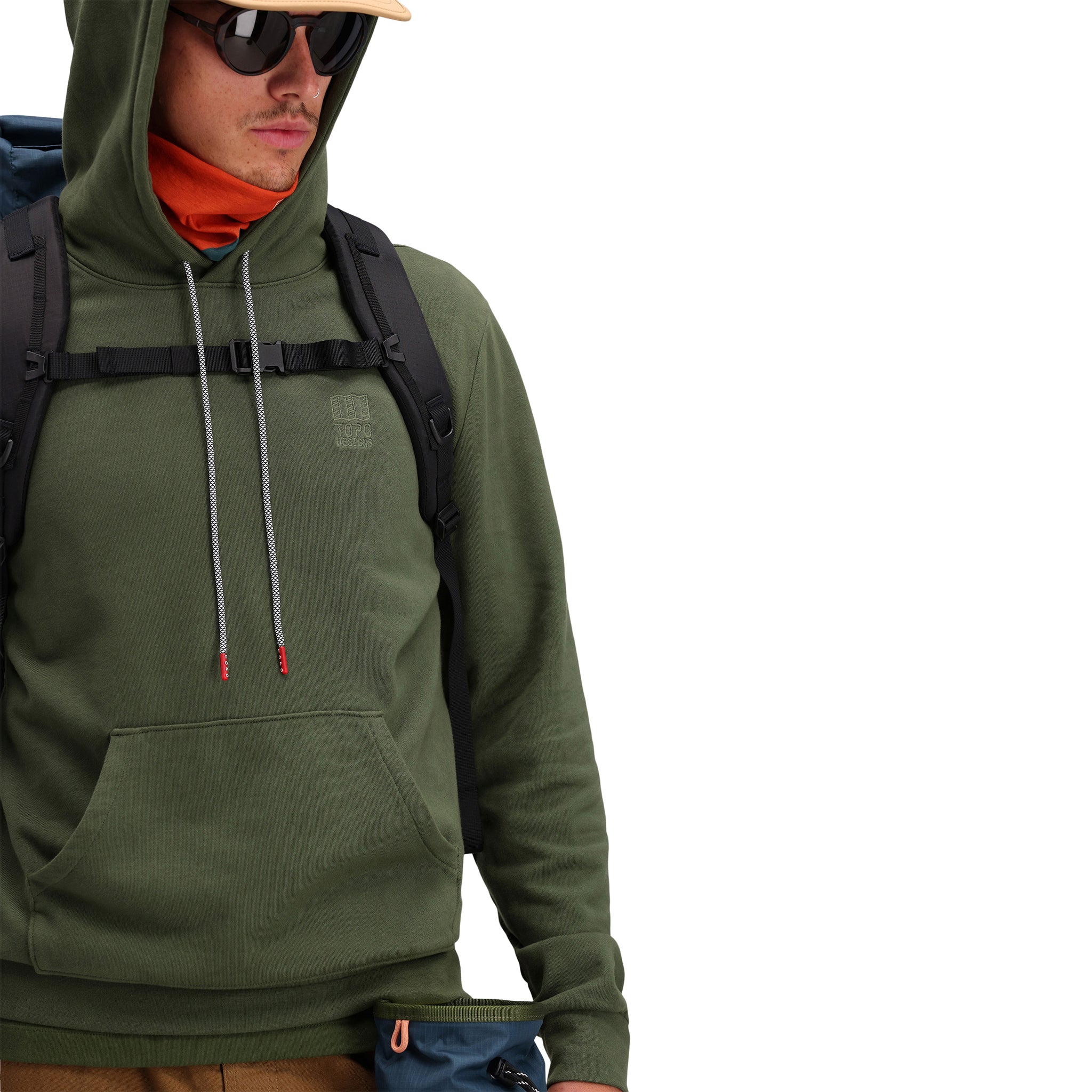 Front model shot of Topo Designs Men's Dirt Hoodie 100% organic cotton French terry sweatshirt in "olive" green.