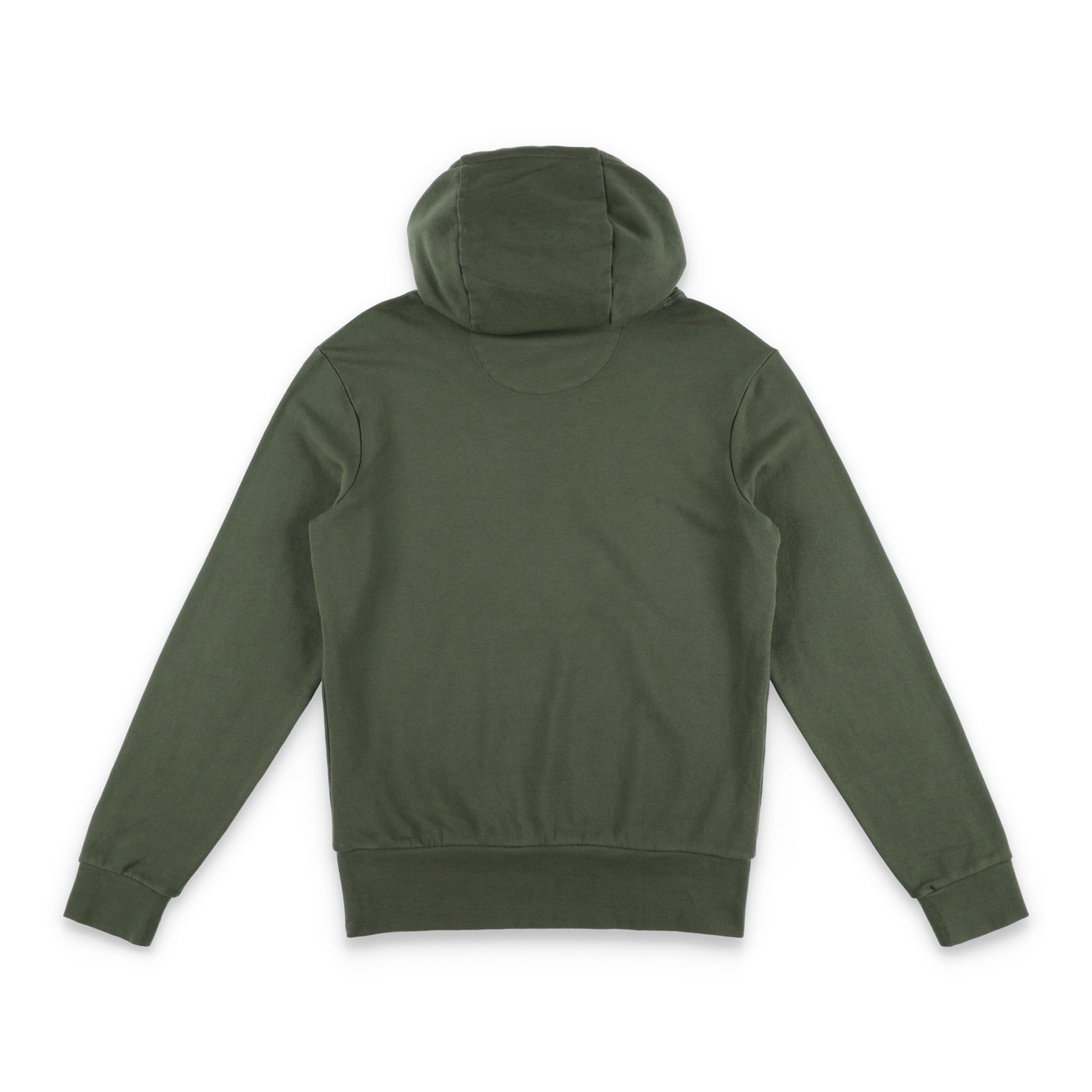 Back of Topo Designs Men's Dirt Hoodie 100% organic cotton French terry sweatshirt in "olive" green.