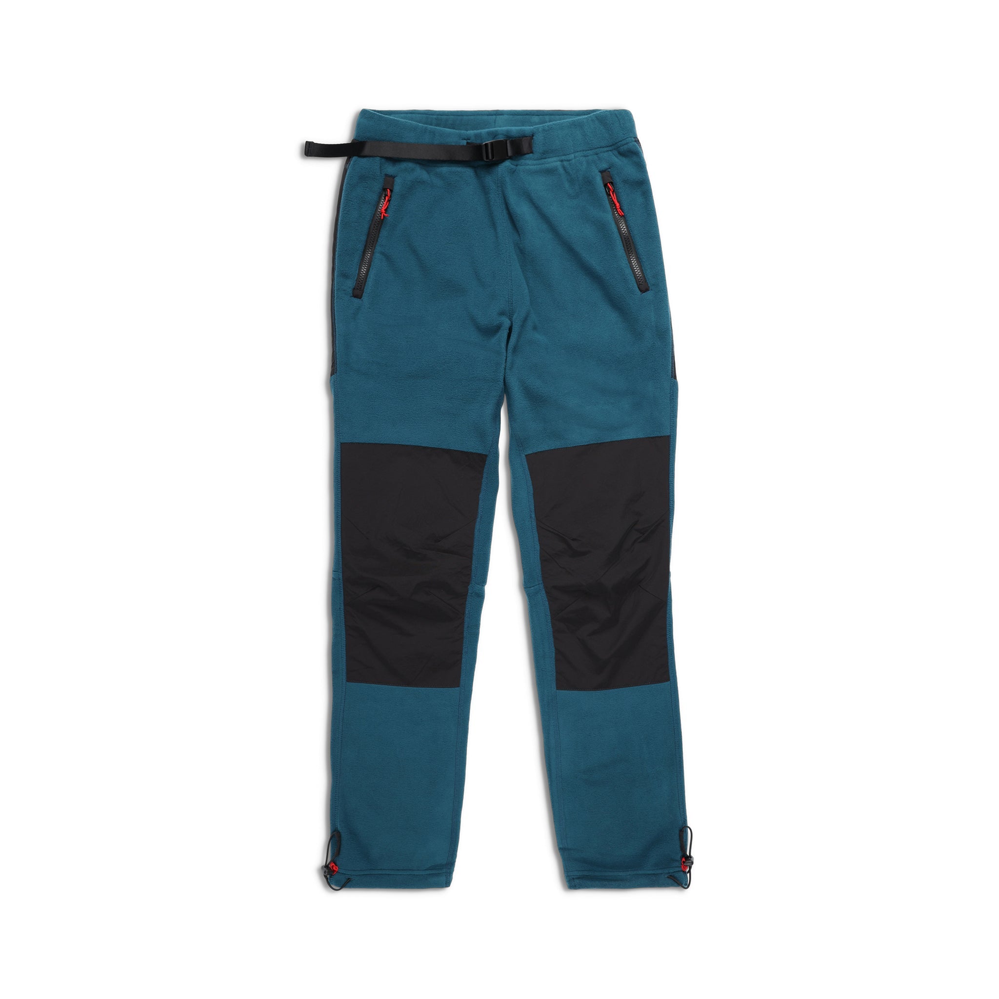 Topo Designs Men's Fleece Pants in "Pond Blue / Black" with black knee and rear reinforcements.