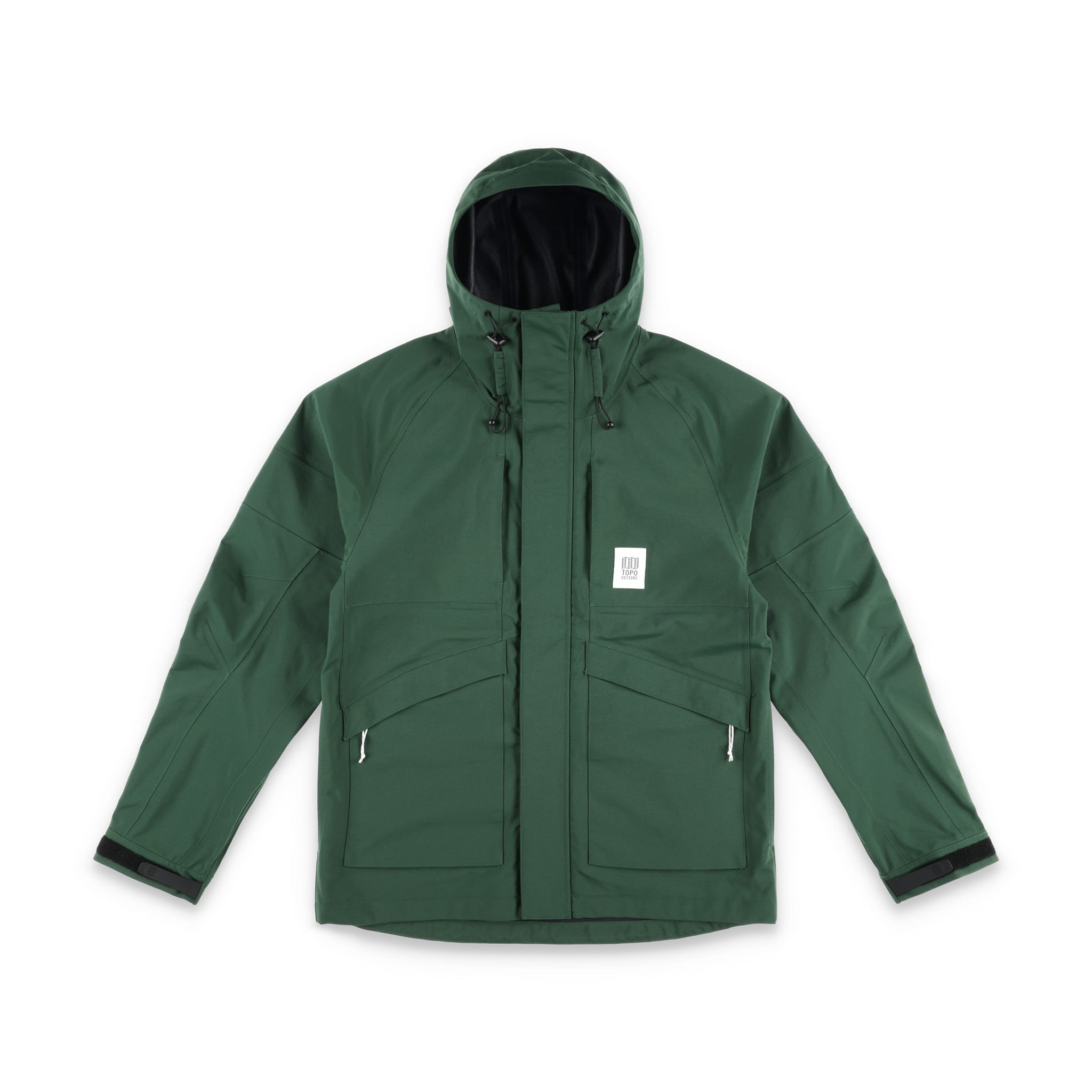 Topo Designs Men's Mountain Parka waterproof shell jacket in "Forest" green.