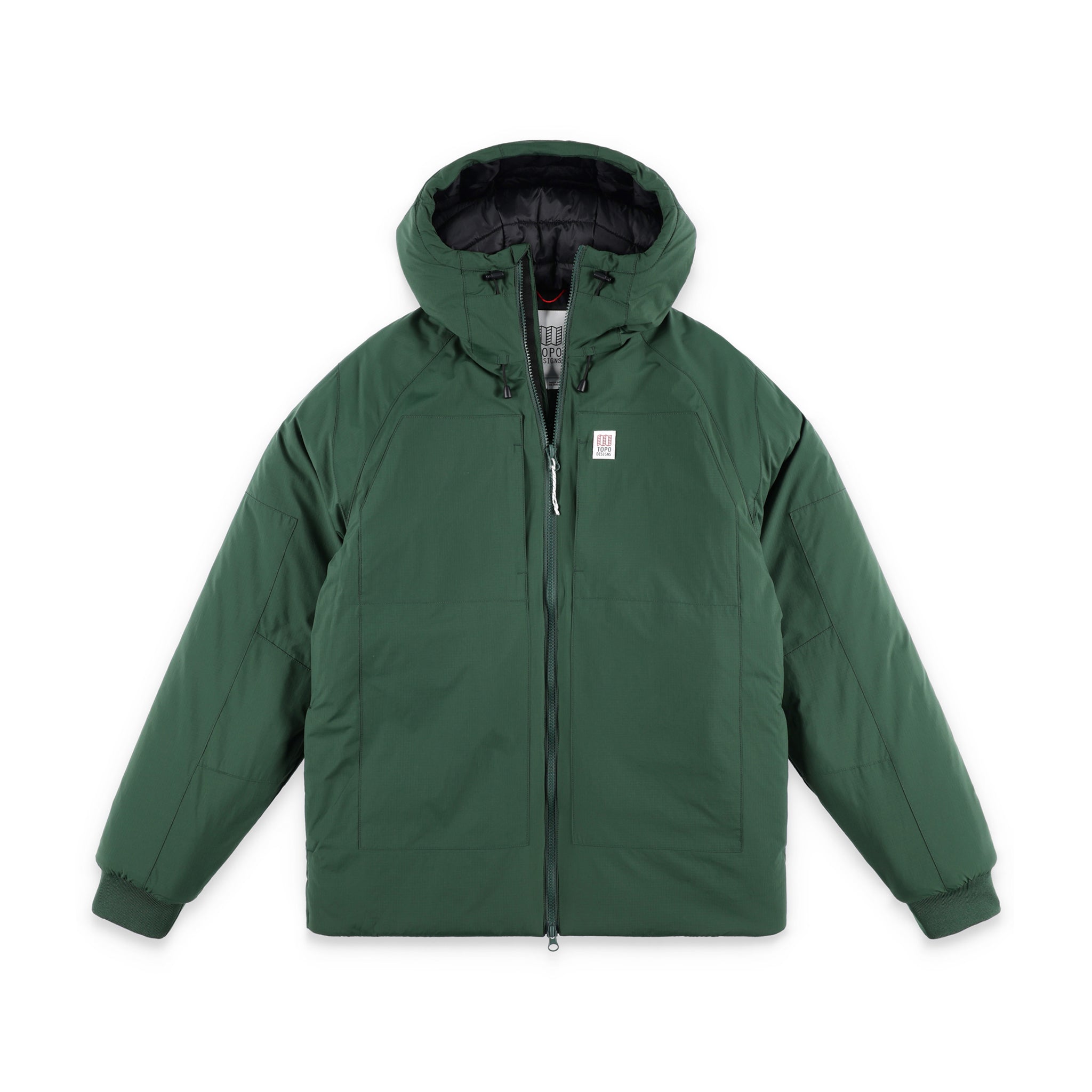 Topo Designs Mountain Puffer Primaloft insulated Hoodie jacket in "Forest" green.