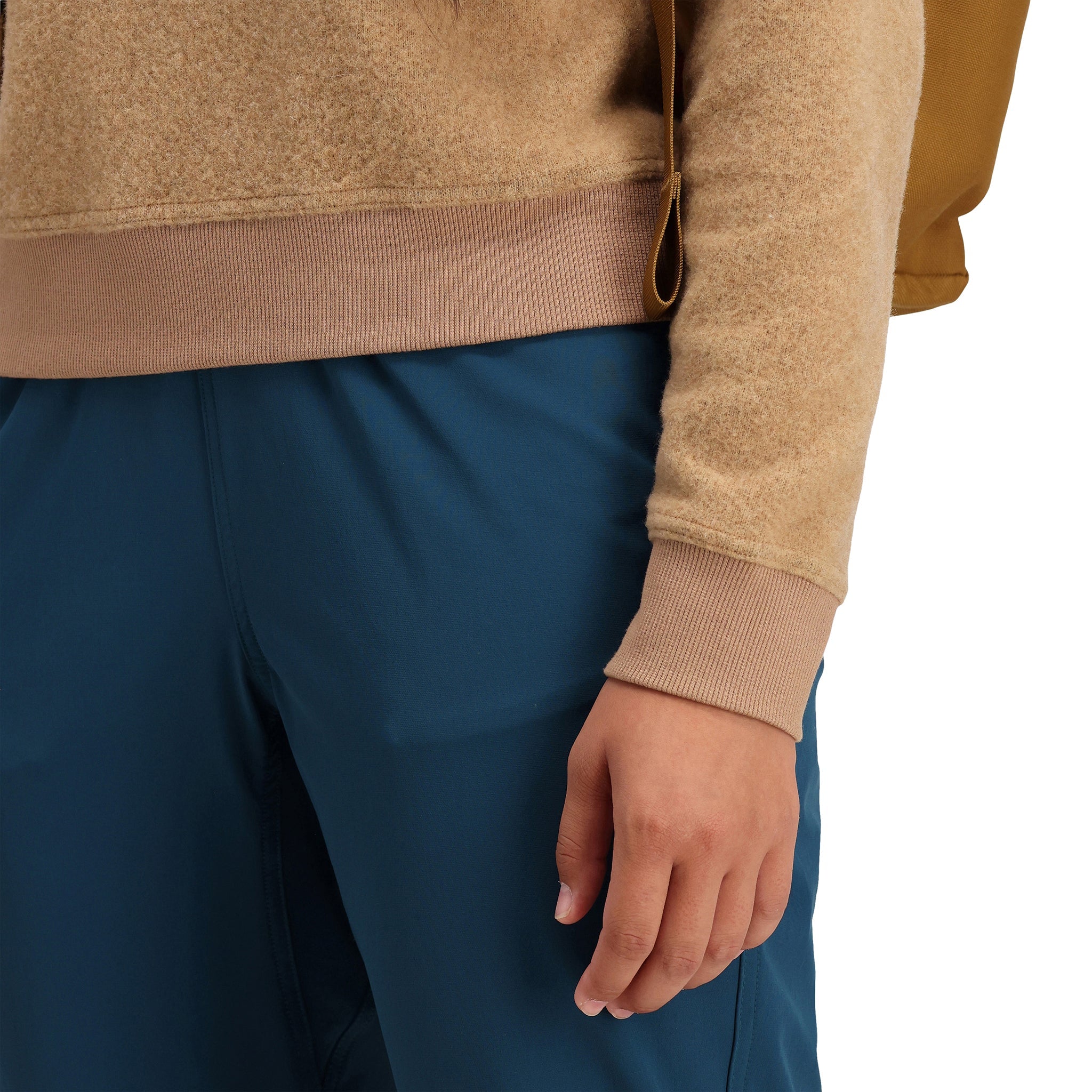 General detail of cuff and bottom hem on Topo Designs Women's Global Sweater recycled Italian wool crewneck pullover in "Camel" brown