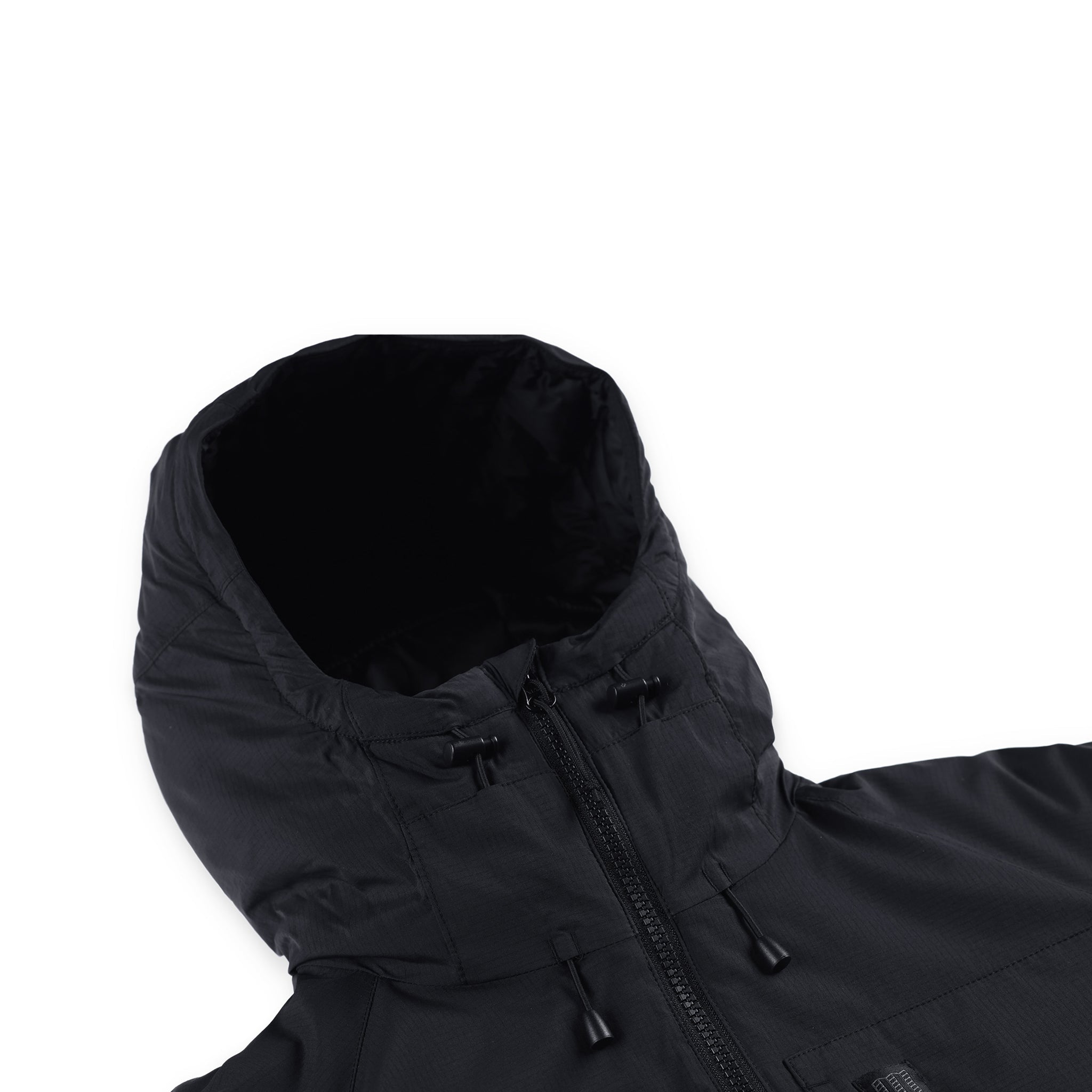 General detail shot of hood cinch closures on Topo Designs Women's Puffer Primaloft insulated Hoodie jacket in "black"