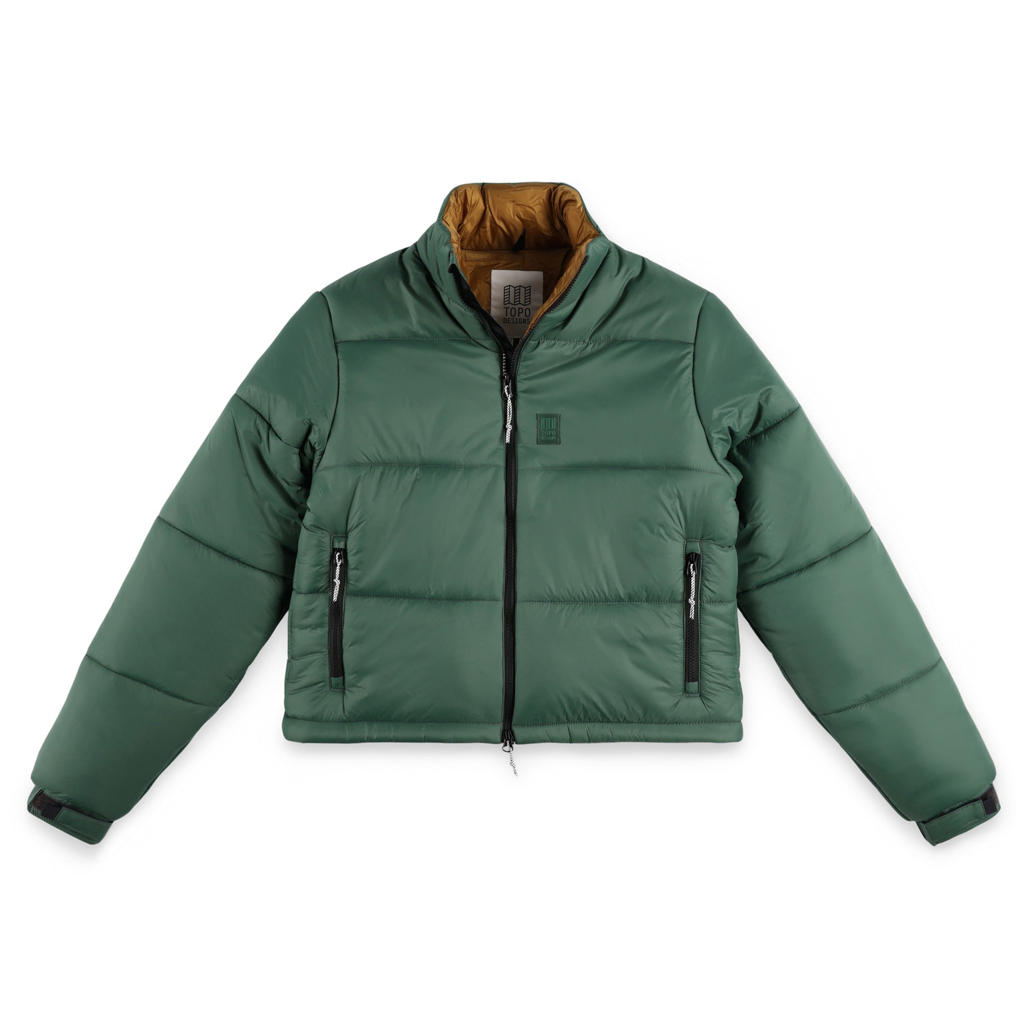 Topo Designs Women's Puffer recycled insulated Jacket in "Forest" green.