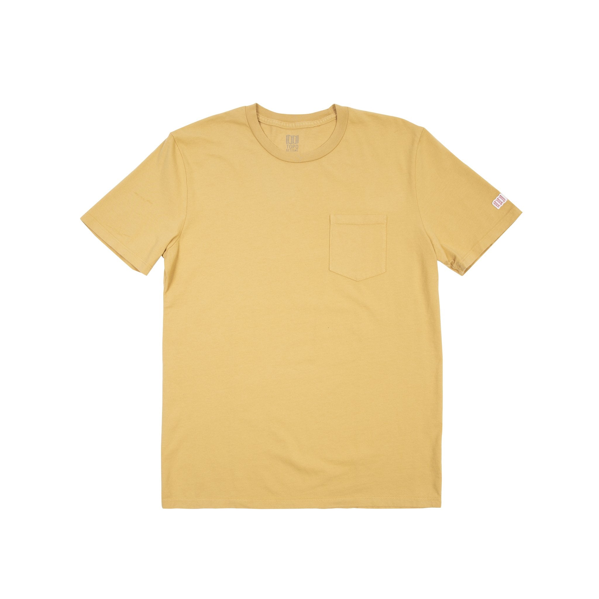 Front product shot of Topo Designs men's short sleeve pocket tee in tan.