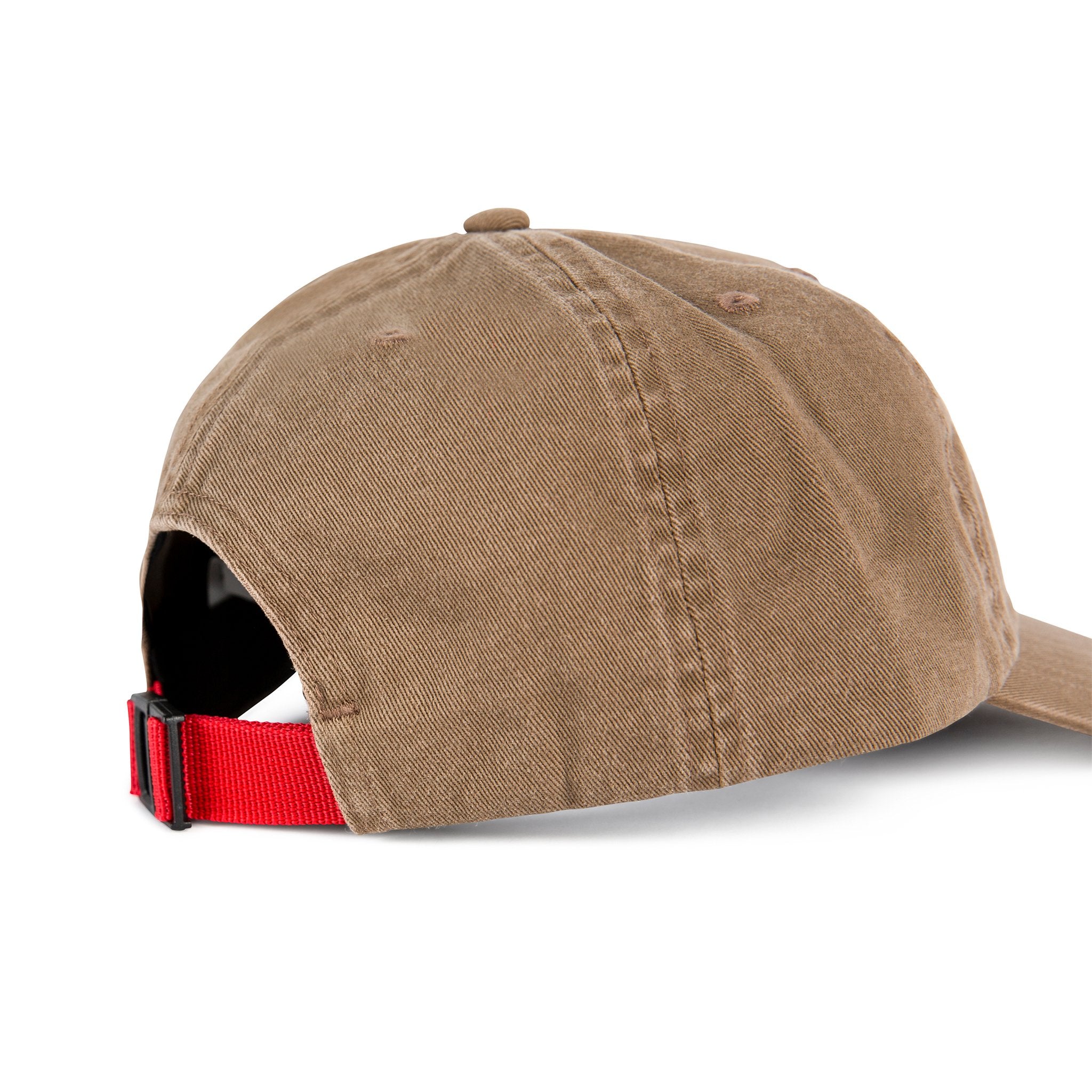 General shot of Topo Designs Mountain Ball Cap cotton logo hat in Dark Khaki brown showing adjustable red strap on back.