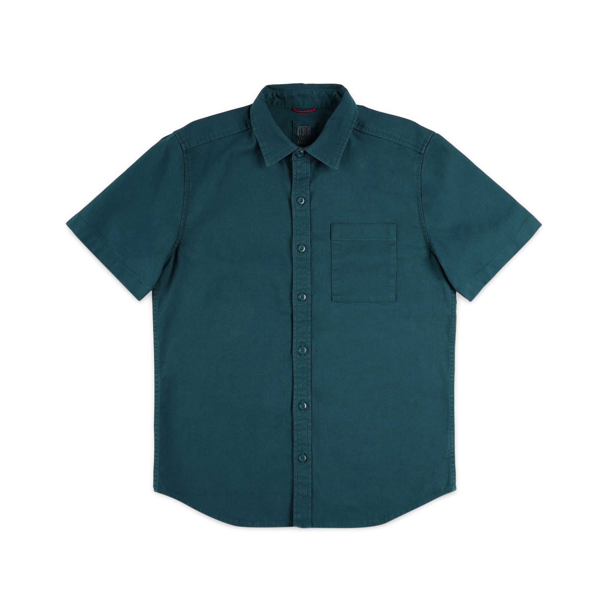 Topo Designs Men's Short Sleeve 100% organic cotton button up Dirt Shirt in "Pond Blue".