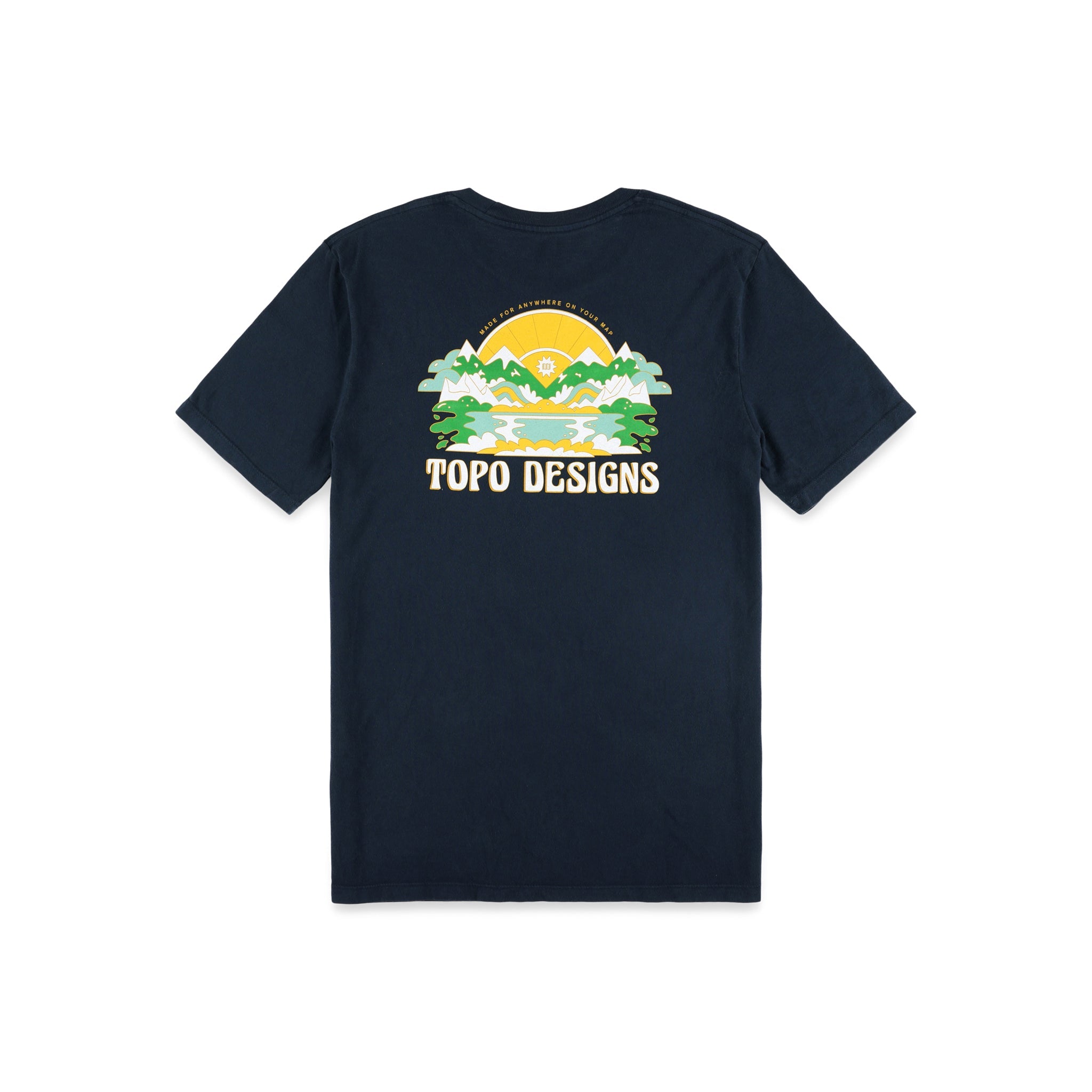 Back of Topo Designs Men's Peaks & Valleys short sleeve 100% organic cotton graphic t-shirt in "Navy" blue.