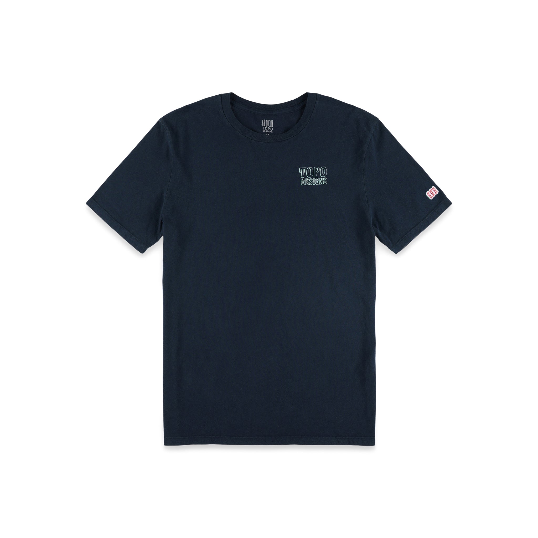 Topo Designs Men's Peaks & Valleys short sleeve 100% organic cotton graphic t-shirt in "Navy" blue.