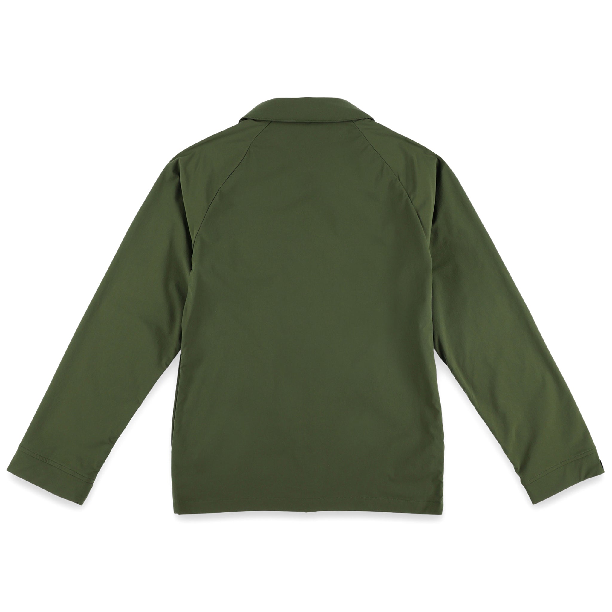 Back of Topo Designs Men's Tech Breaker Jacket 4-way stretch windbreaker in "Olive" green.