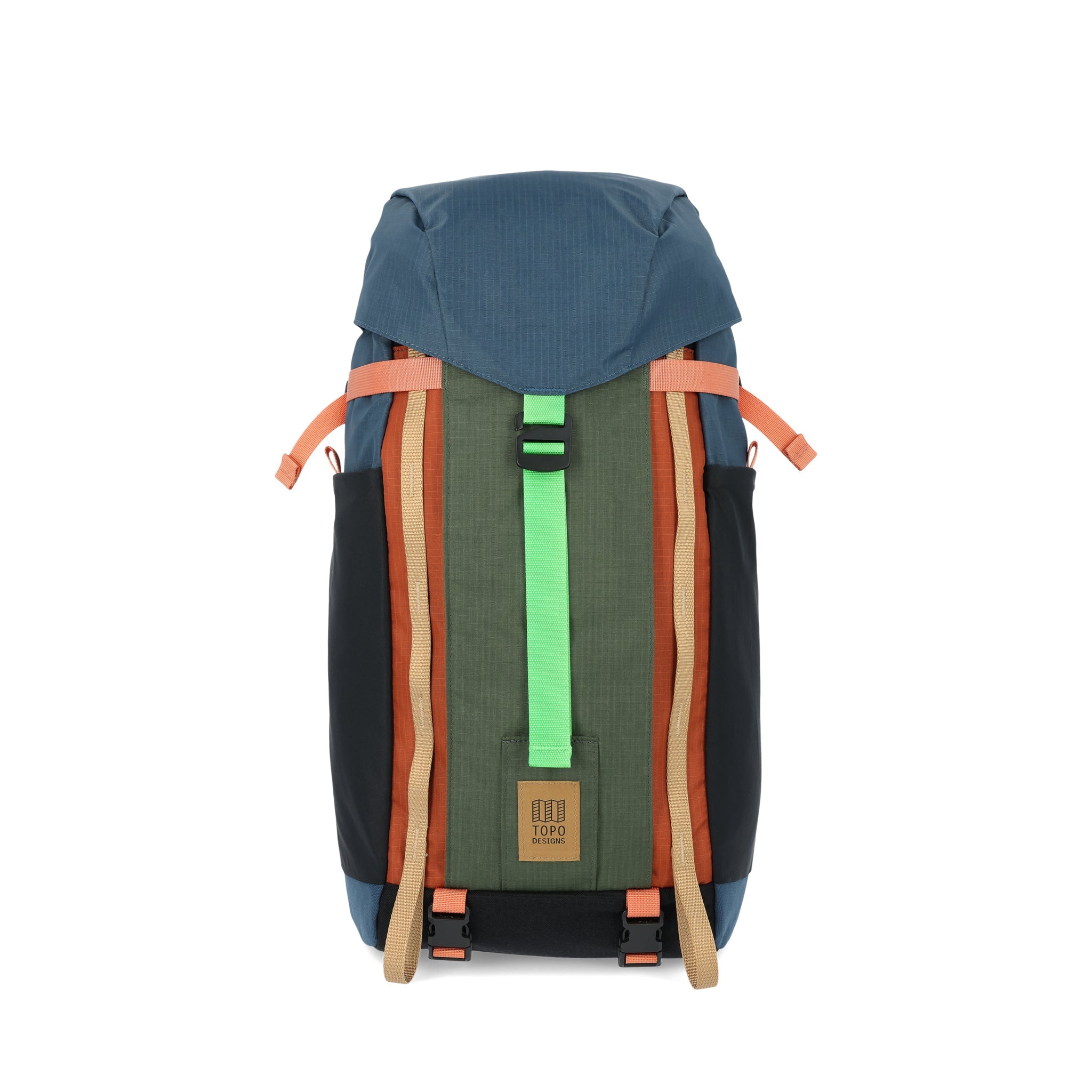 Topo Designs Mountain Pack 16L hiking backpack with internal laptop sleeve in lightweight recycled nylon "Pond Blue / Olive" green.