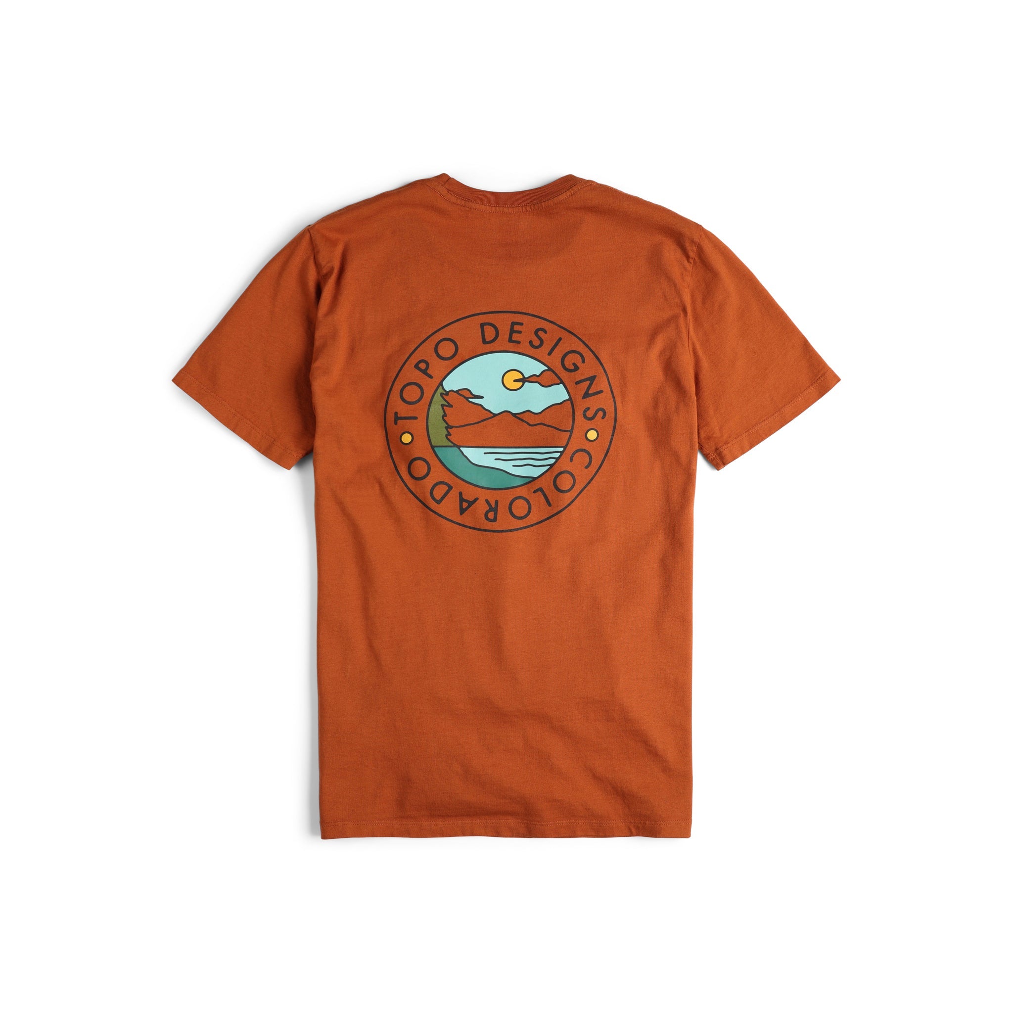 Back view of Topo Designs Men's Camp Logo Tee 100% organic cotton graphic short sleeve t-shirt in "clay" orange.