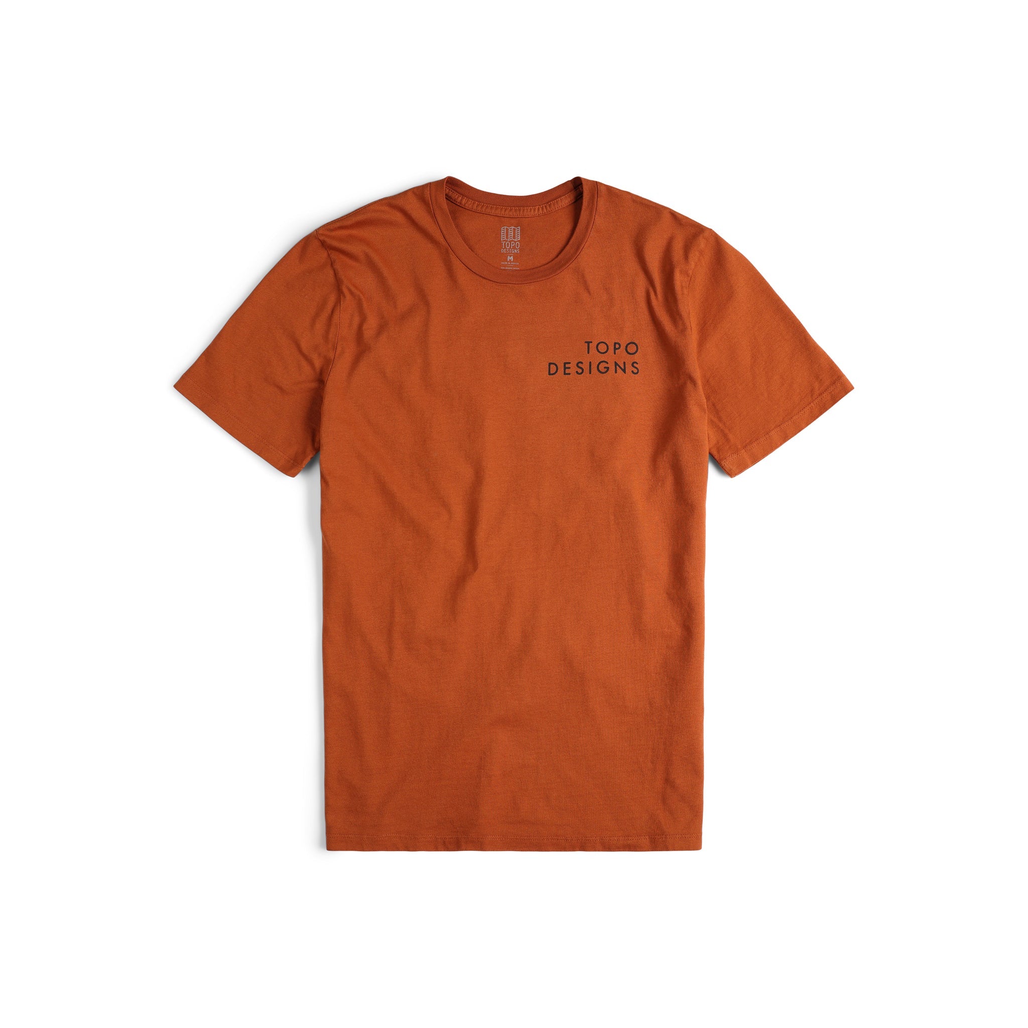 Front view of Topo Designs Men's Camp Logo Tee 100% organic cotton graphic short sleeve t-shirt in "clay" orange.