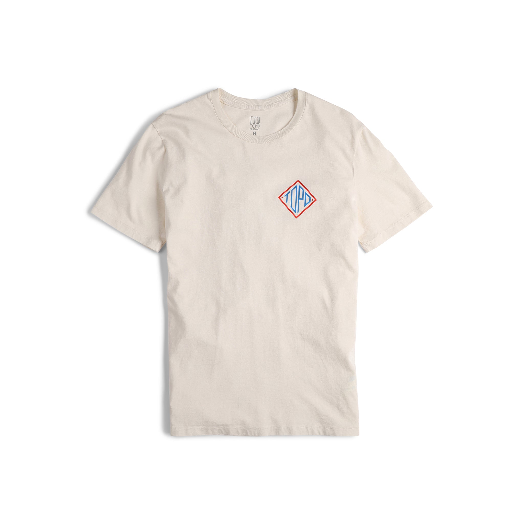 Front view of Topo Designs Men's Small Diamond Tee 100% organic cotton short sleeve graphic logo t-shirt in "natural" white.