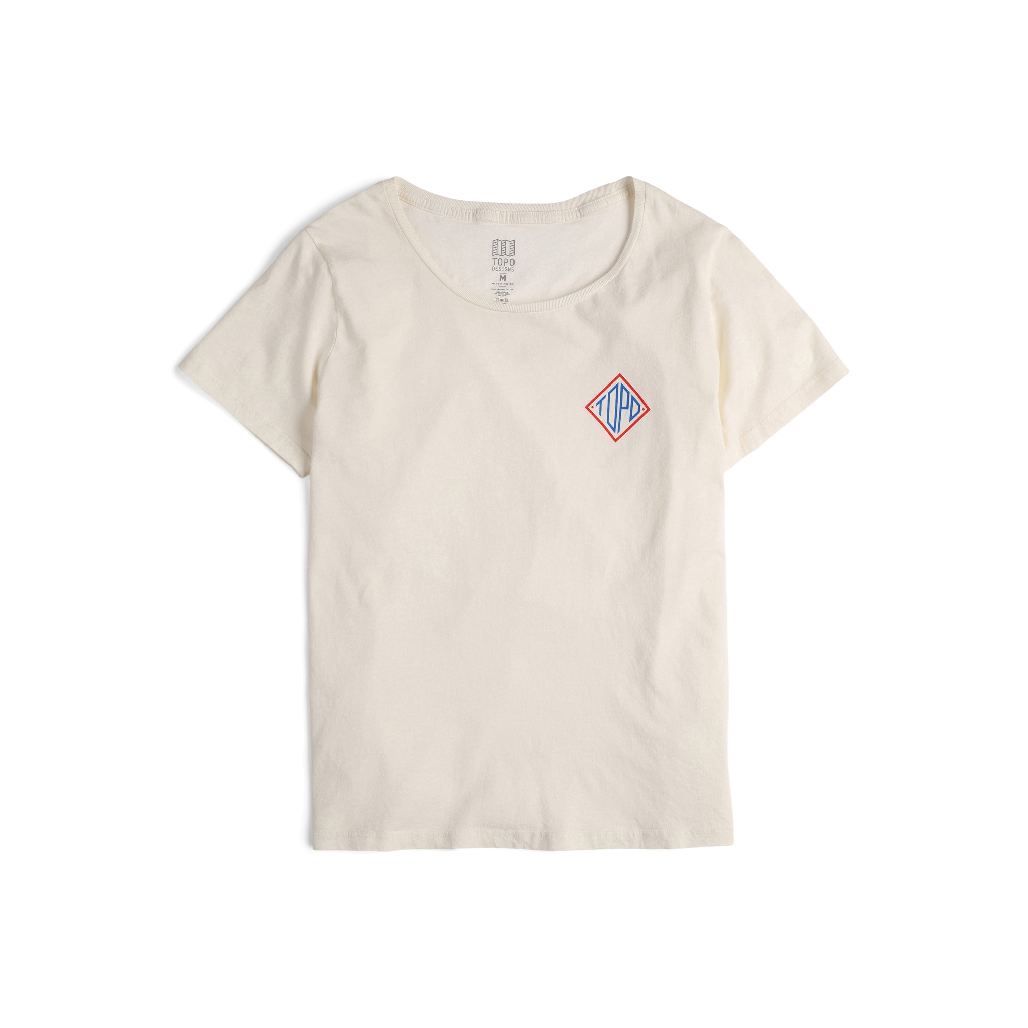 Front view of Topo Designs Women's Small Diamond Tee 100% organic cotton short sleeve graphic logo t-shirt in "natural" white.