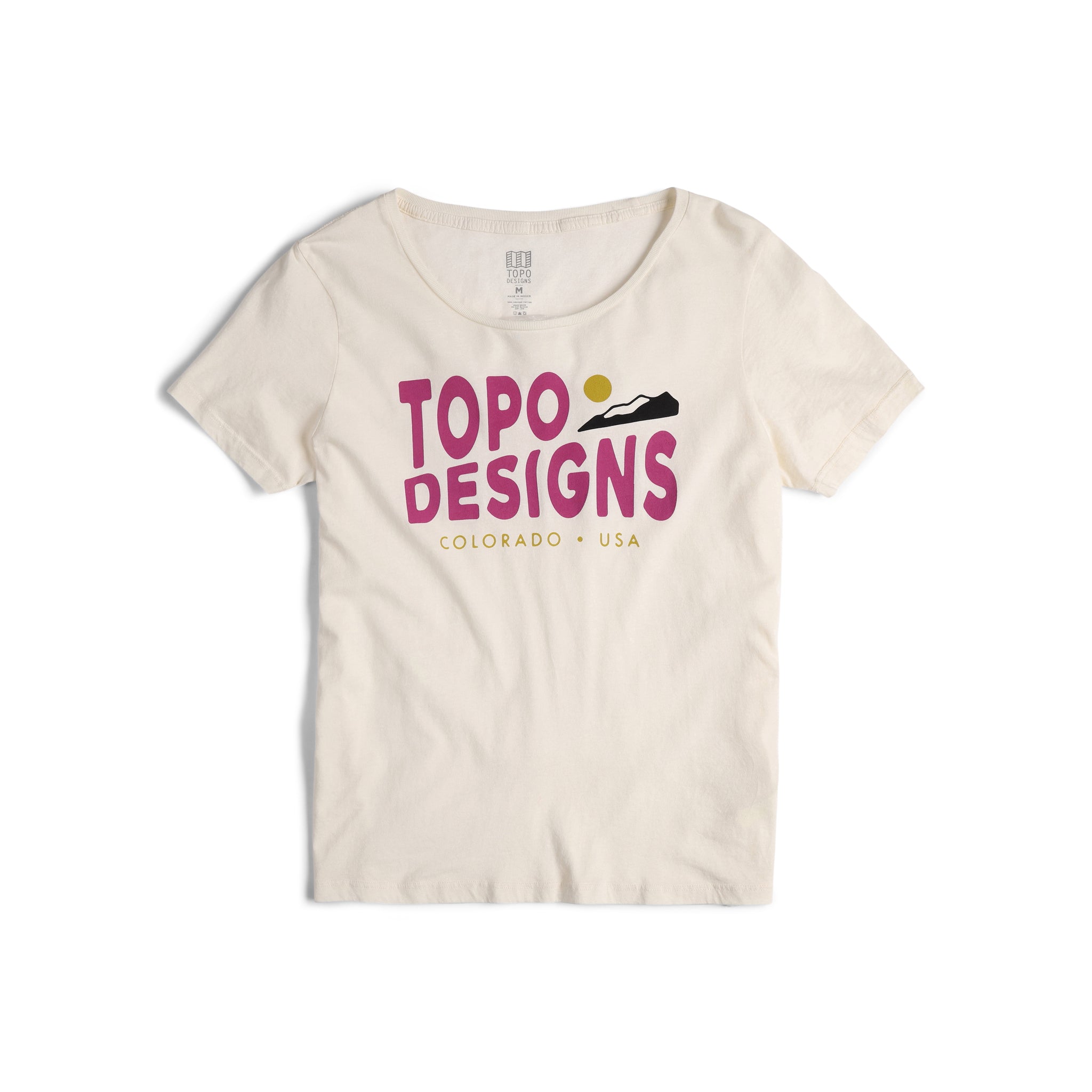 Front view of Topo Designs Women's Sunrise Tee 100% organic cotton short sleeve graphic logo t-shirt in "natural" white.