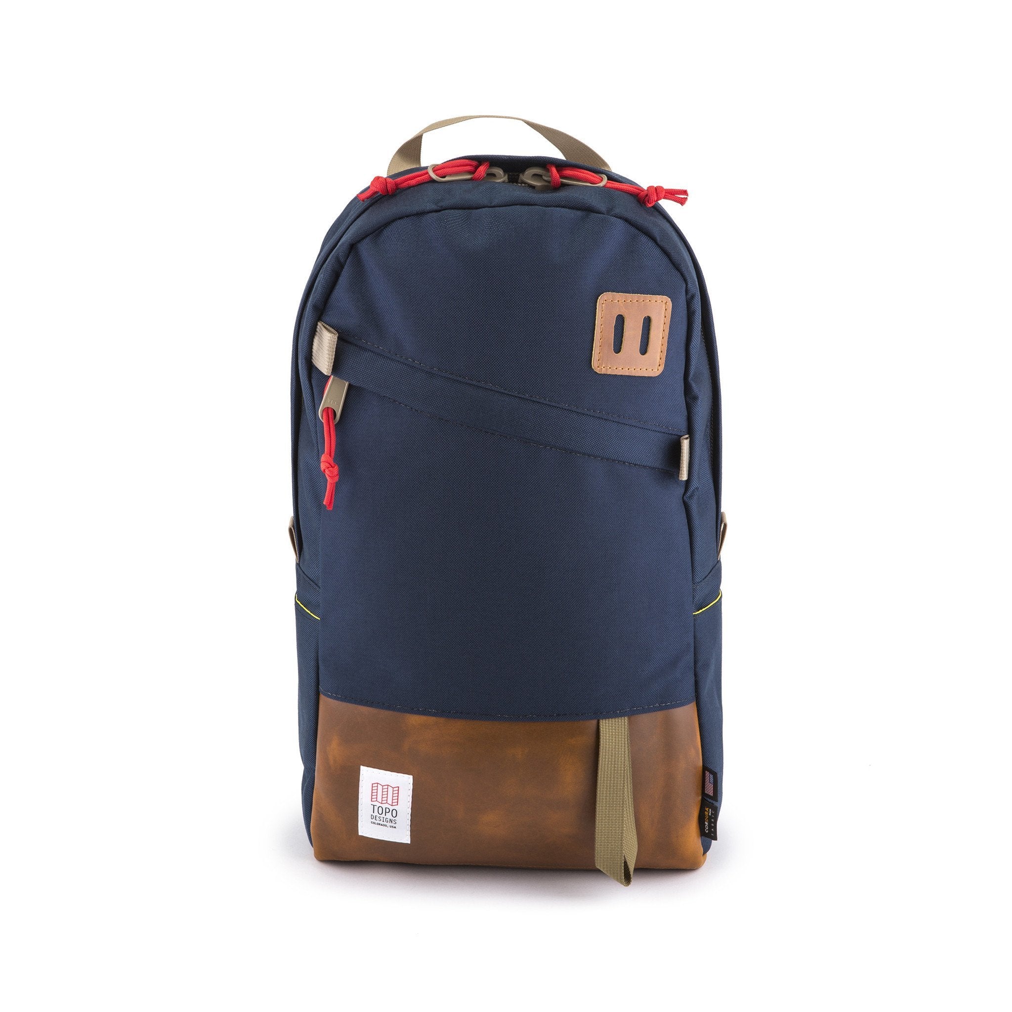 Topo Designs Daypack backpack with laptop sleeve in Navy blue Brown Leather