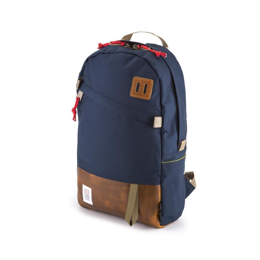 Topo Designs Daypack backpack with laptop sleeve in Navy blue Brown Leather