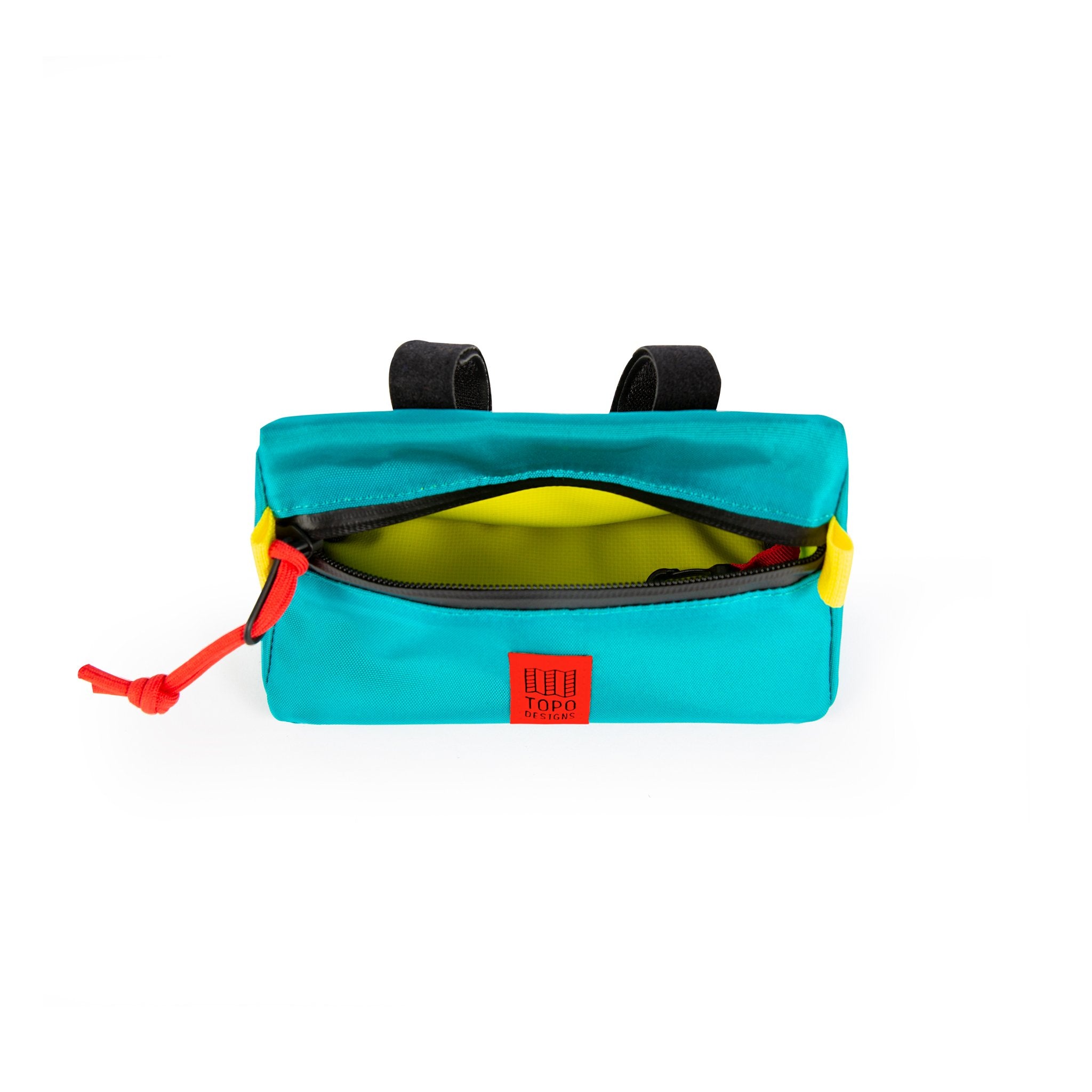 Yellow interior of Topo Designs Mini handlebar bike bag in Turquoise blue.